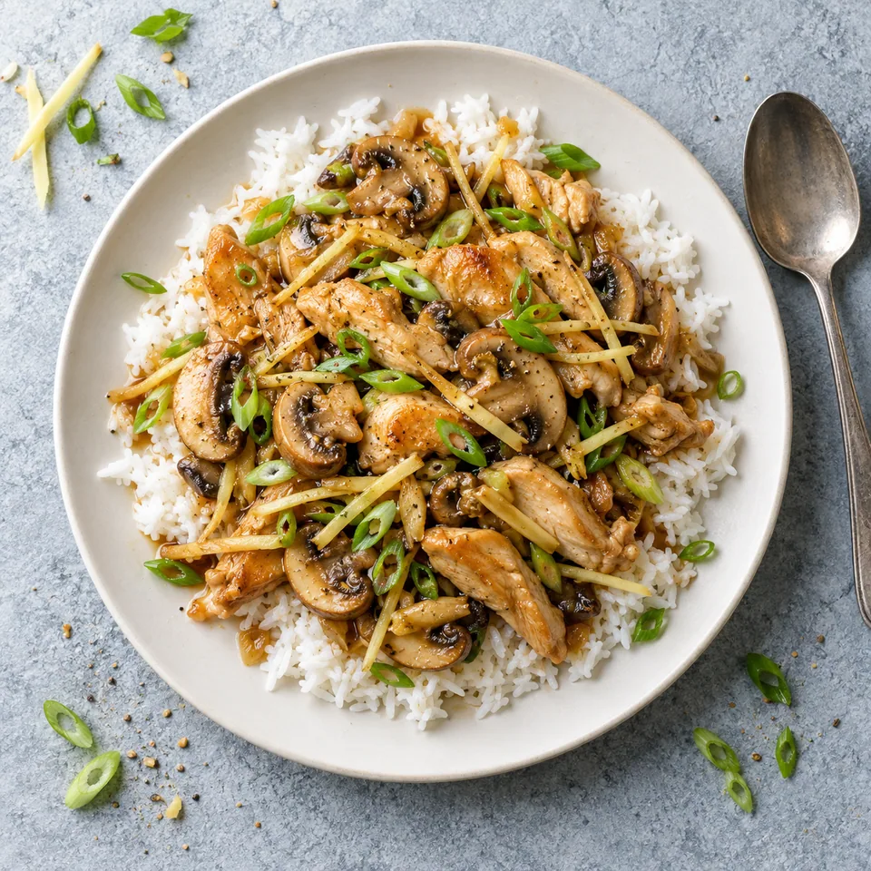 Assiette de Gai pad khing : riz blanc, poulet sauté doré, champignons et ciboule verte.