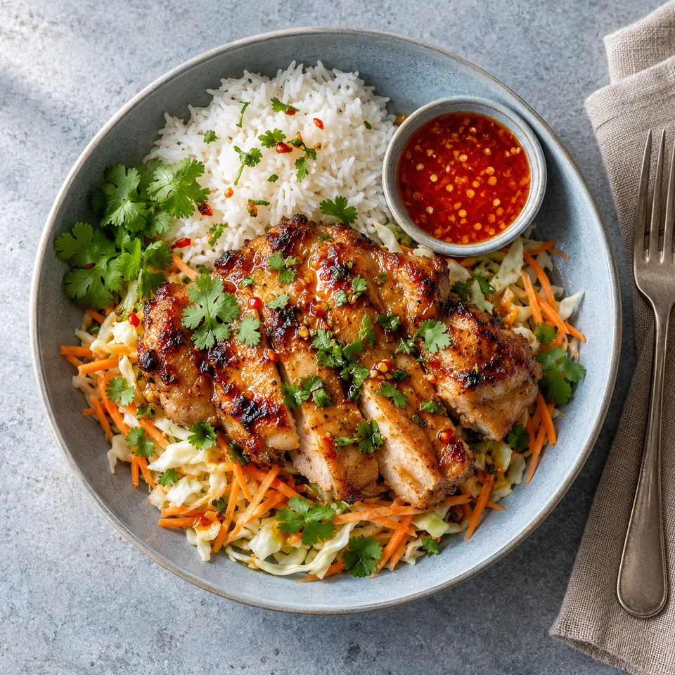 Gai yang : portion de poulet grillé thaï doré sur riz jasmin et salade de chou et carottes, garni de coriandre et sauce pimentée.