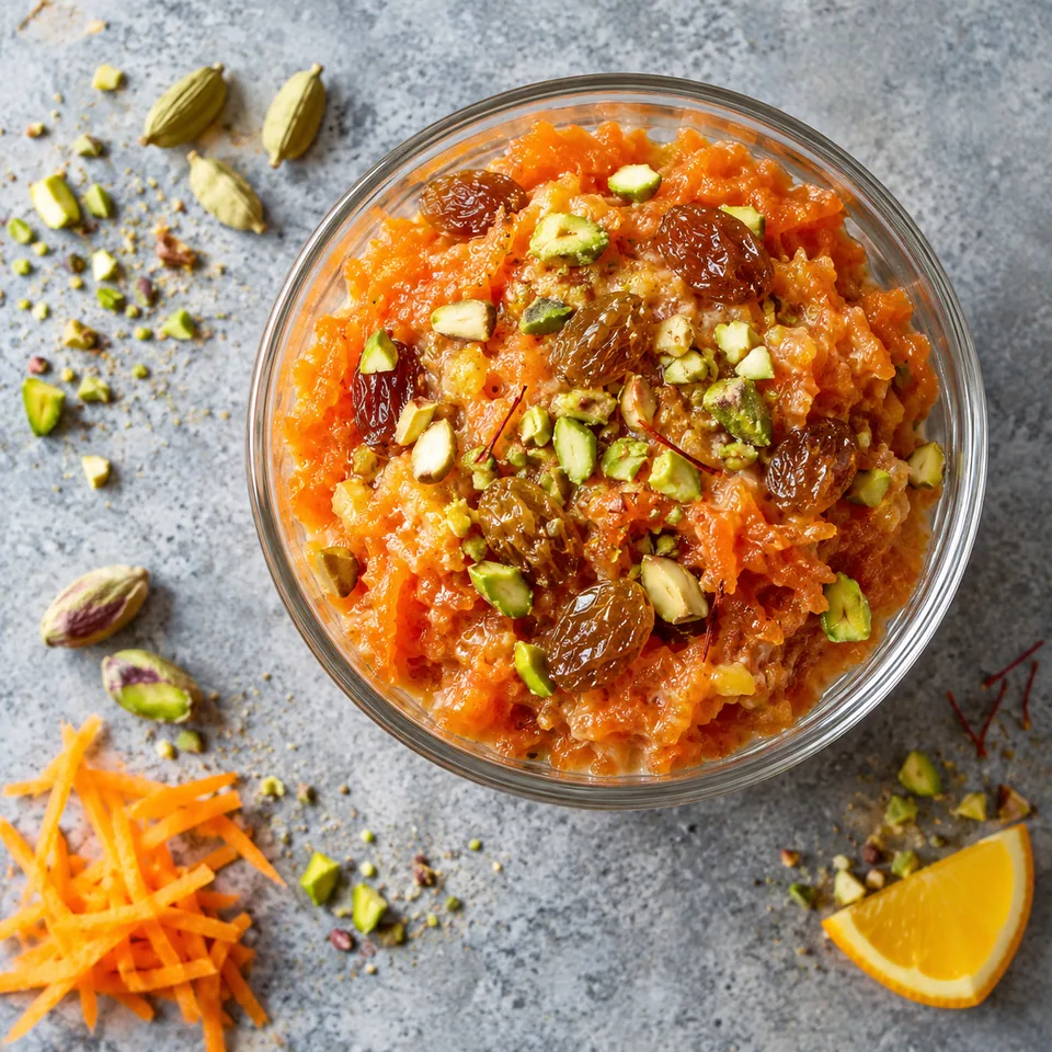 Gajar halwa dans une verrine : carottes râpées fondantes, raisins secs et pistaches concassées.