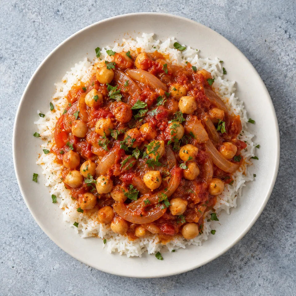 Assiette de Galayet bandora : riz blanc recouvert de sauce tomate rouge aux pois chiches et oignons.
