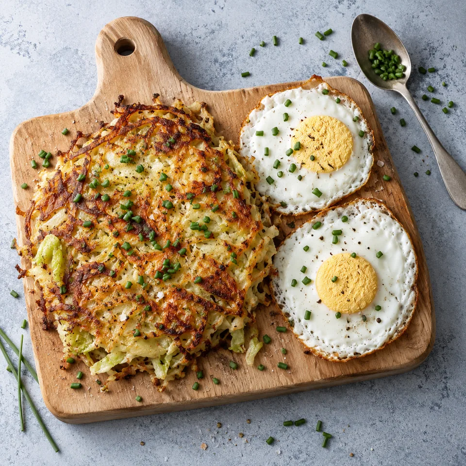 Galette de pommes de terre et chou, œufs au plat sur planche en bois, garnie de ciboulette