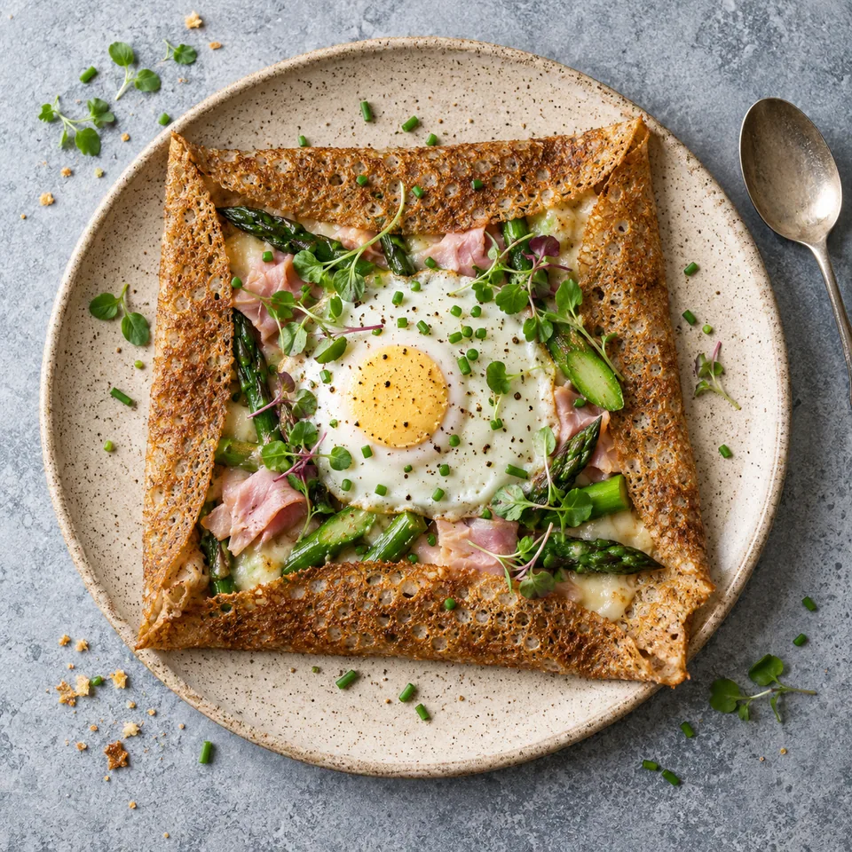 Galette de sarrasin aux asperges et jambon sur assiette beige, garnie d'œuf au plat et herbes fraîches.