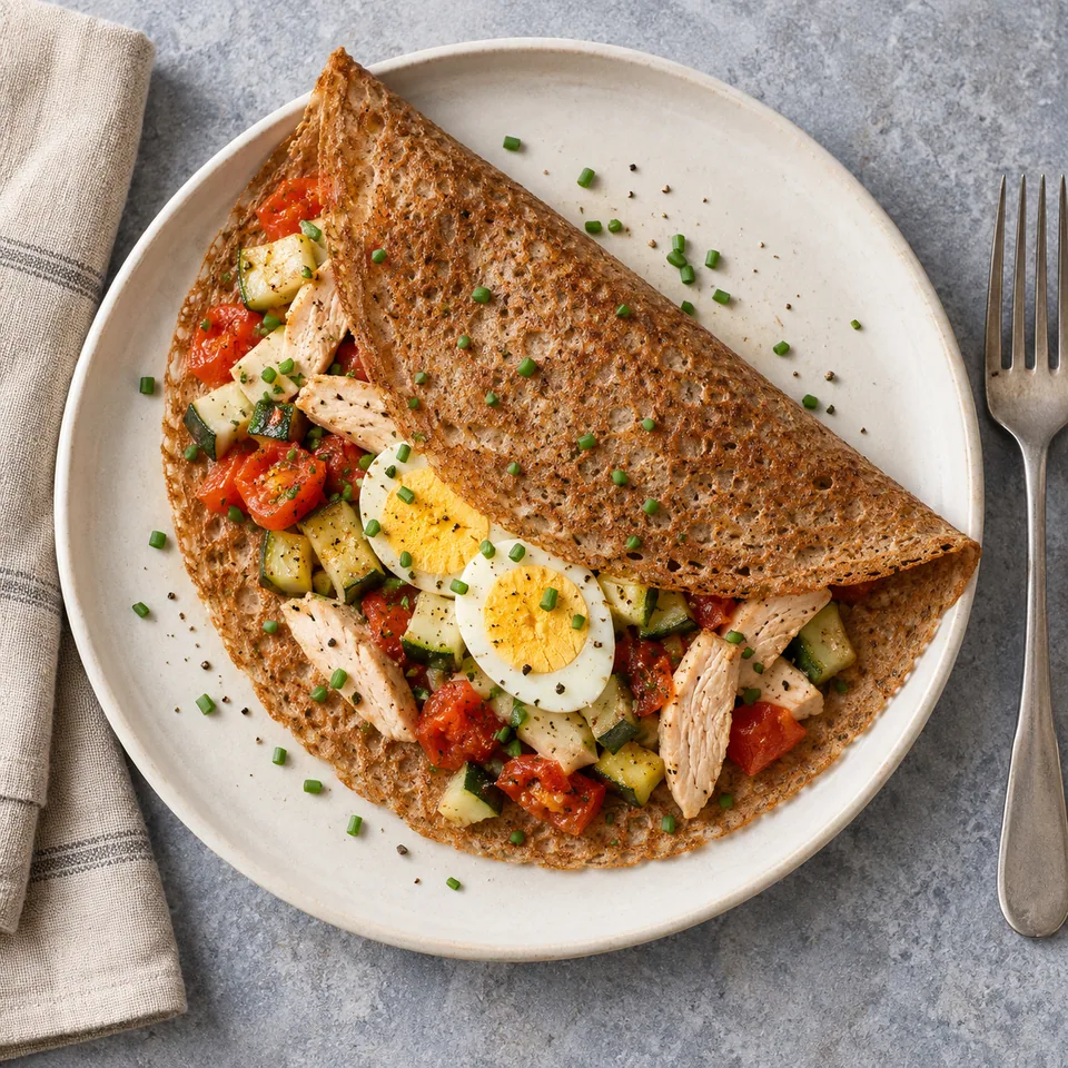 Galette de sarrasin dinde, tomate et œuf sur assiette blanche, garnie de légumes et d'œuf cuit.