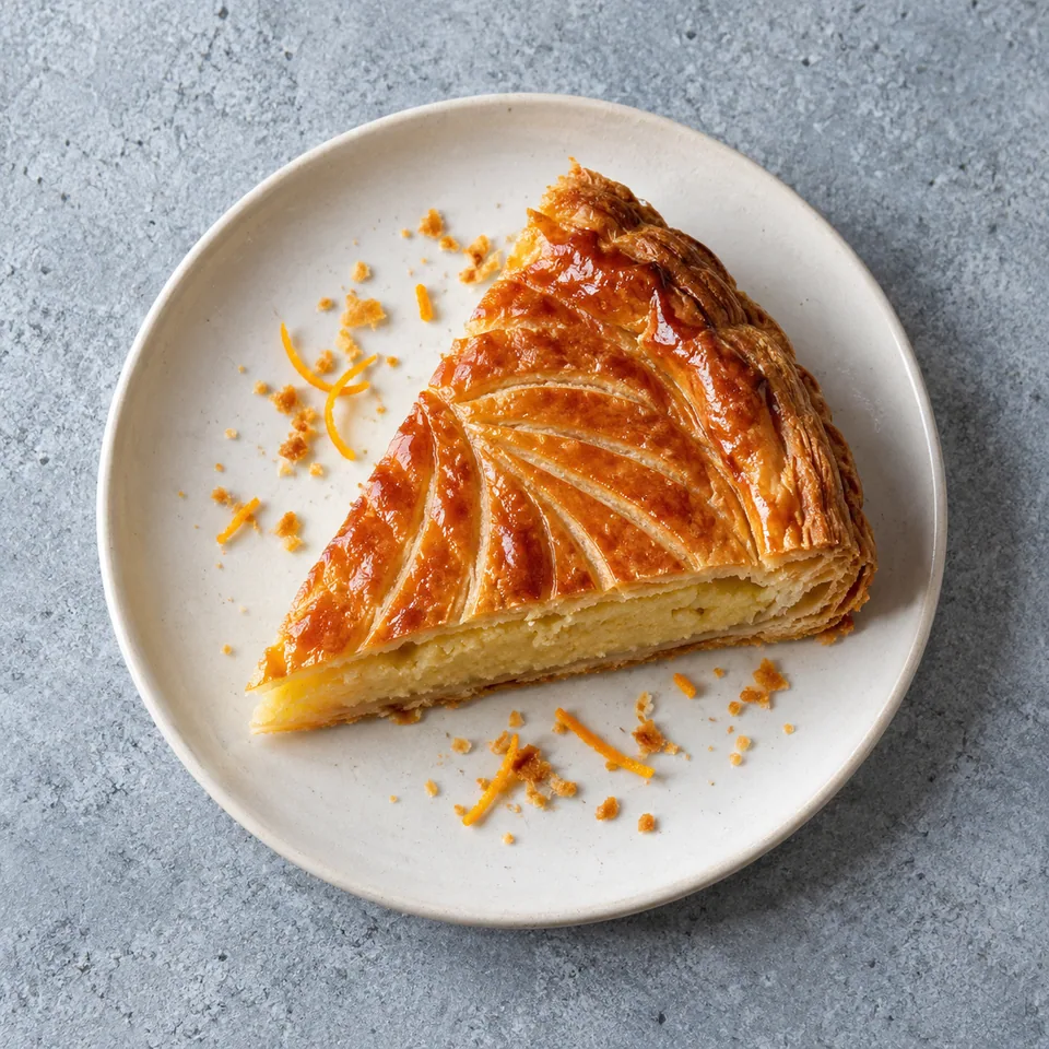 Galette des rois à la frangipane : part de tarte feuilletée dorée et striée, garnie d'une crème à l'amande onctueuse et parfumée à l'orange.
