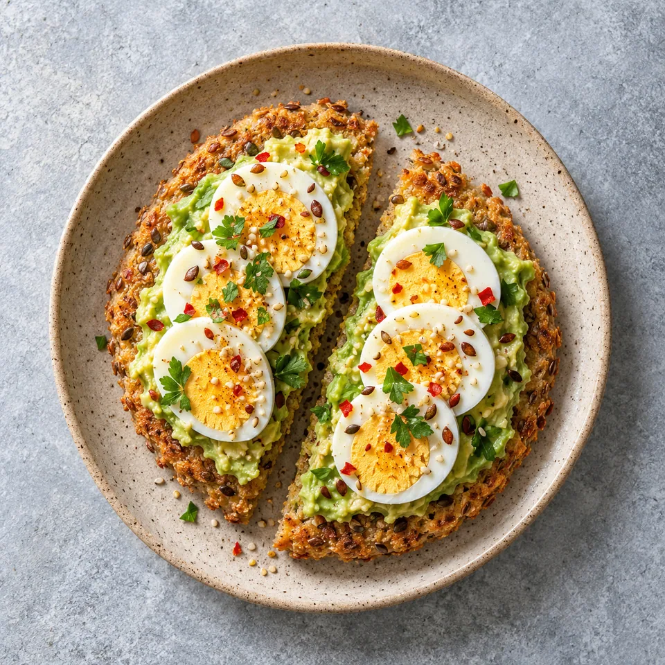 Galette minute au lin, avocat et œuf dur sur assiette beige, garnie d'avocat écrasé et d'œuf en rondelles.