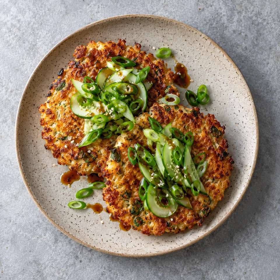 Galettes coréennes croustillantes au tofu servies avec concombre et oignon nouveau sur assiette beige.