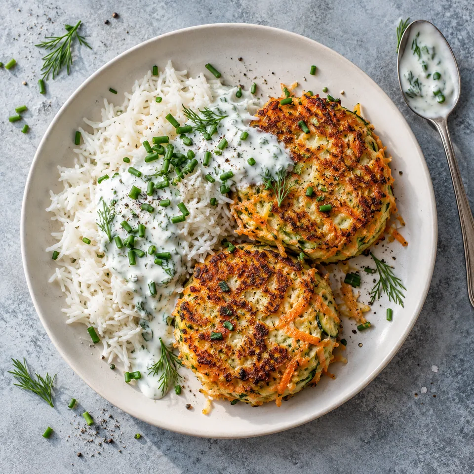 Assiette avec galettes de courgette-carotte dorées, riz blanc et sauce yaourt à la ciboulette verte.