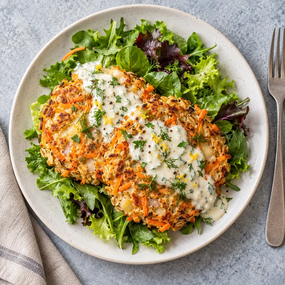 Galettes d’avoine aux carottes et au fromage servies sur salade avec sauce citronnée