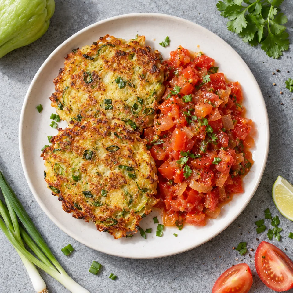 Galettes de christophine et œufs dorées avec rougail tomate rouge vif sur assiette blanche.