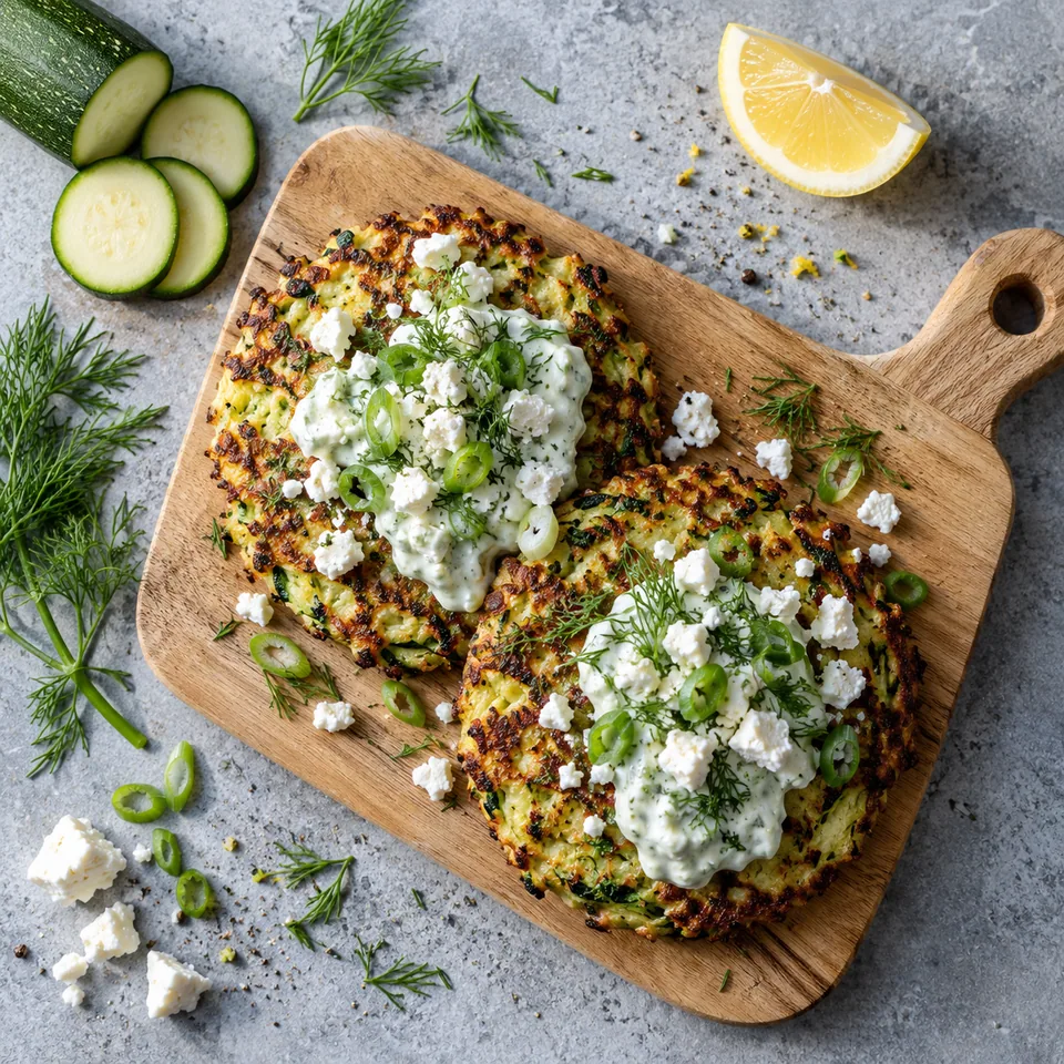 Galettes de courgette, feta et yaourt à l’aneth sur planche en bois, sauce verte et herbes fraîches.
