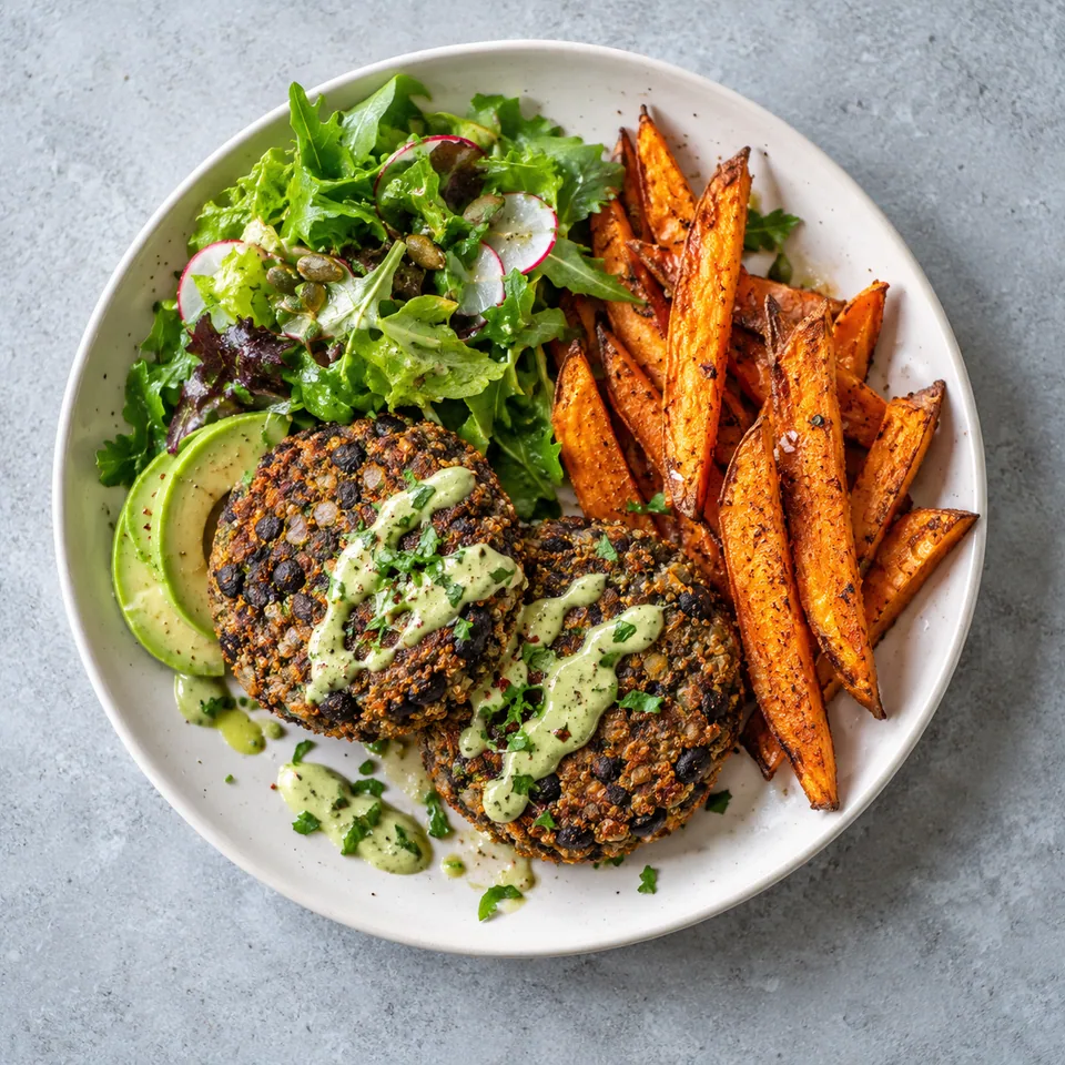 Galettes de haricots noirs et quinoa avec frites de patate douce, salade verte et sauce avocat sur assiette blanche.