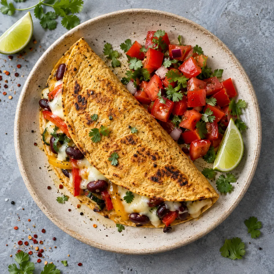 Galettes de maïs façon quesadillas servies sur une assiette beige moucheté, avec salade de tomates et coriandre.