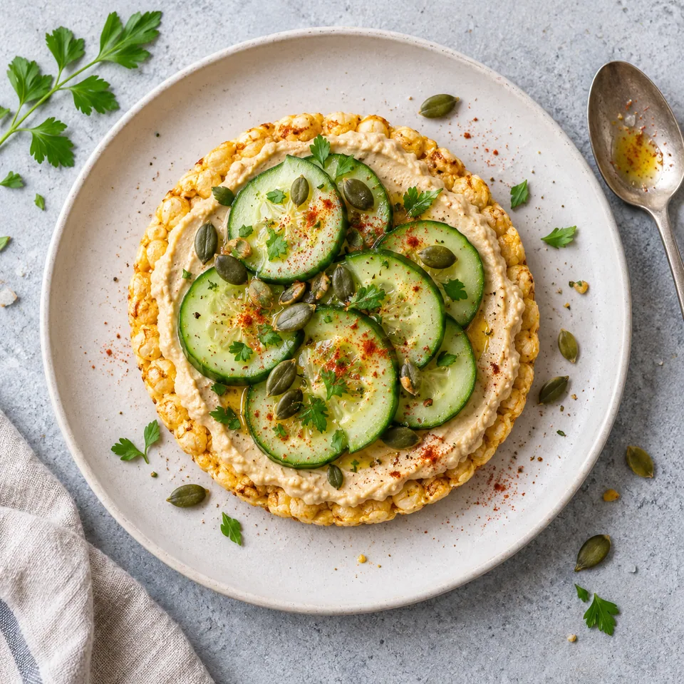 Galettes de maïs, houmous et concombre : galette dorée tartiner de houmous, garnie de rondelles de concombre et graines de courge.