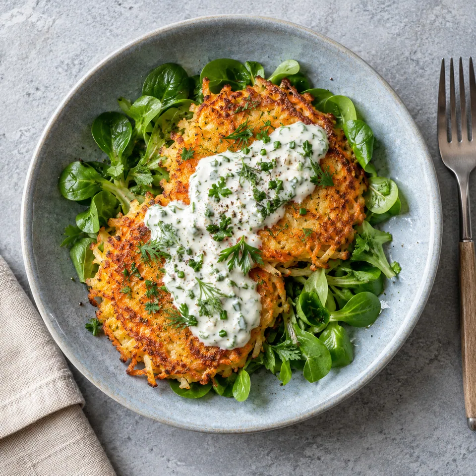 Galettes de panais et carottes dorées sur lit de mâche, nappées de sauce yaourt et herbes fraîches sur assiette grise.