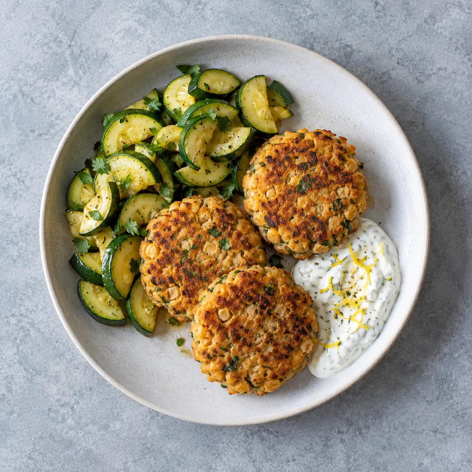 Galettes de pois chiches au thon : trois galettes dorées, des courgettes en rondelles et une sauce blanche citronnée.
