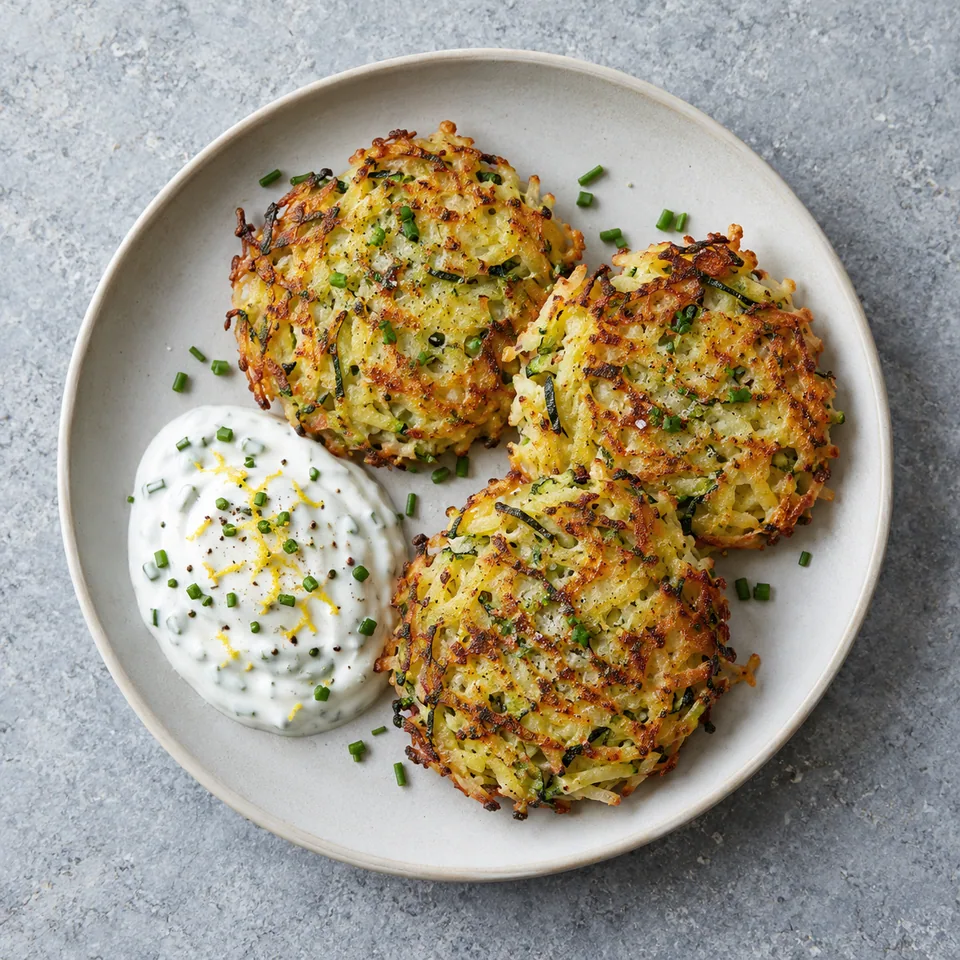 Galettes de pomme de terre et courgette : trois galettes dorées aux filaments verts, accompagnées d’une sauce blanche au citron.