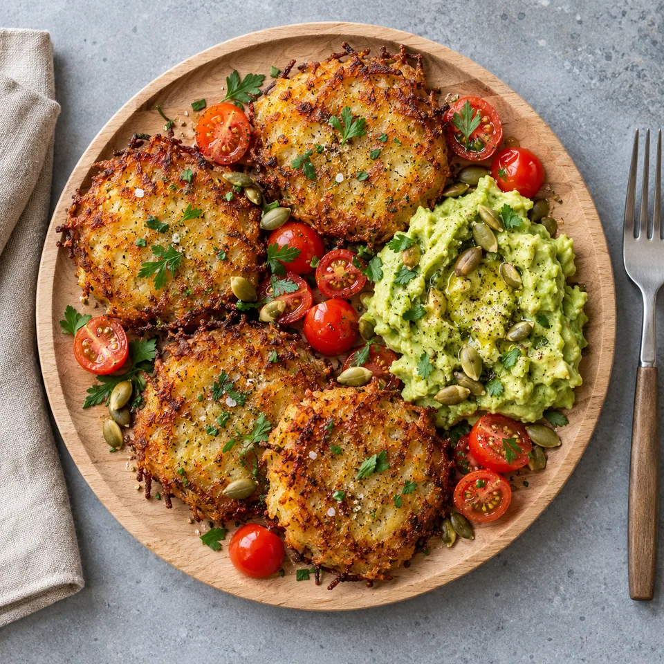 Galettes de pommes de terre, avocat et tomates sur planche en bois : galettes dorées, avocat écrasé, tomates cerises et graines.