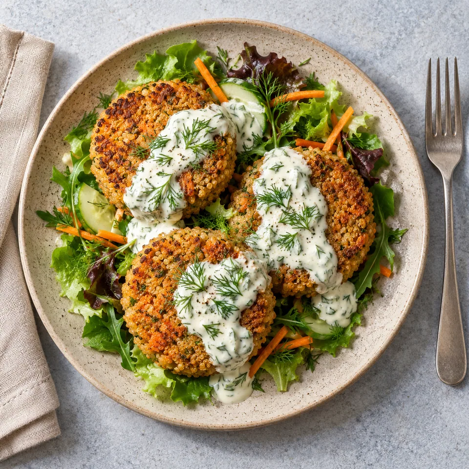 Galettes de quinoa et carottes dorées sur salade verte, nappées de sauce à l'aneth et yaourt de soja.