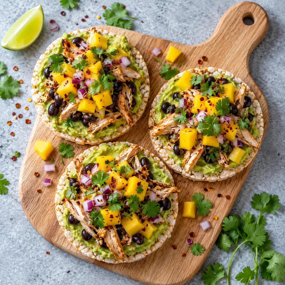 Galettes de riz au poulet, avocat et salsa de mangue sur une planche en bois.
