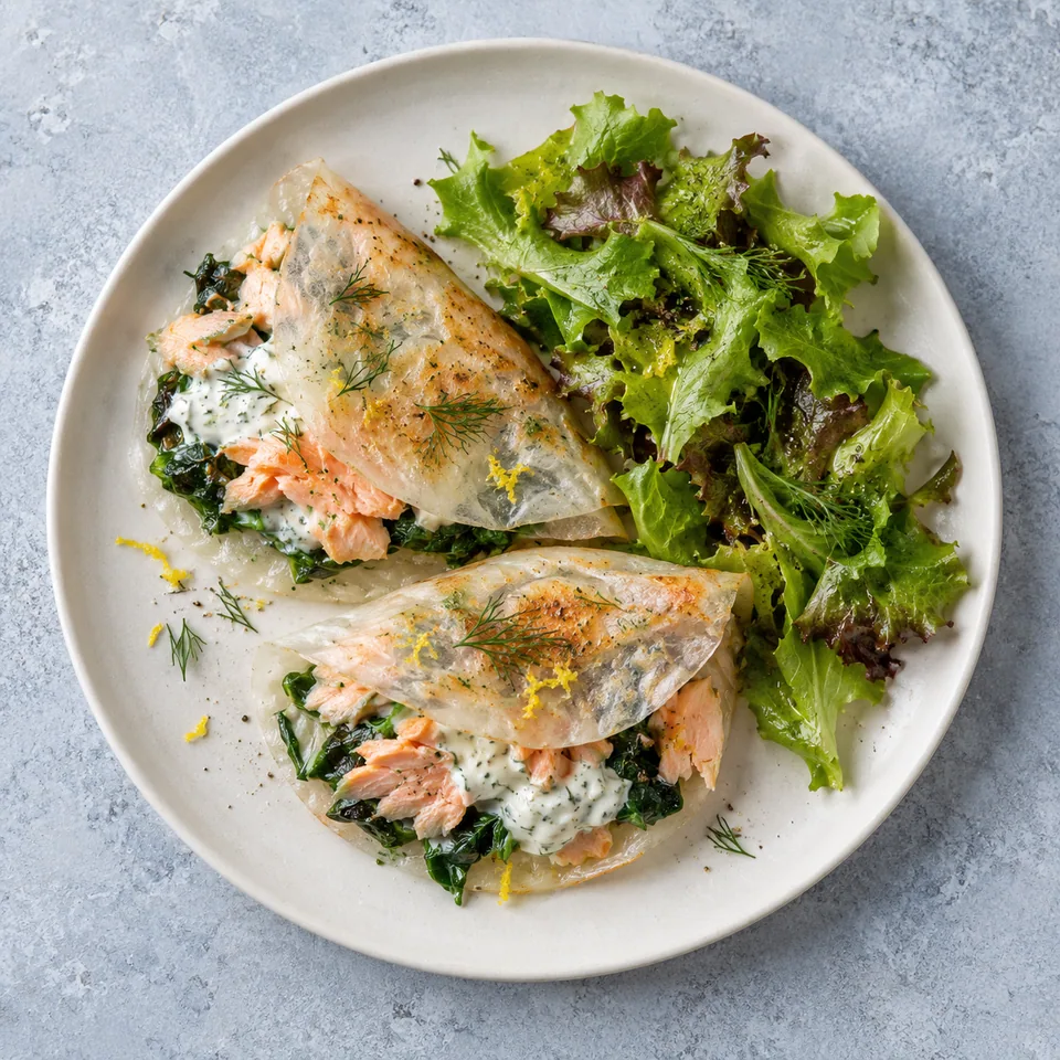 Galettes de riz au saumon citronné sur assiette blanche : galettes translucides garnies de saumon rose et épinards verts, avec salade.