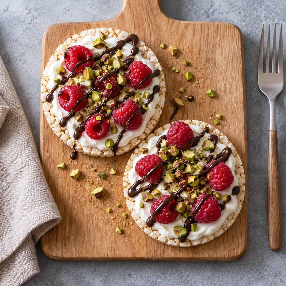 Galettes de riz au skyr, framboises et chocolat sur planche en bois
