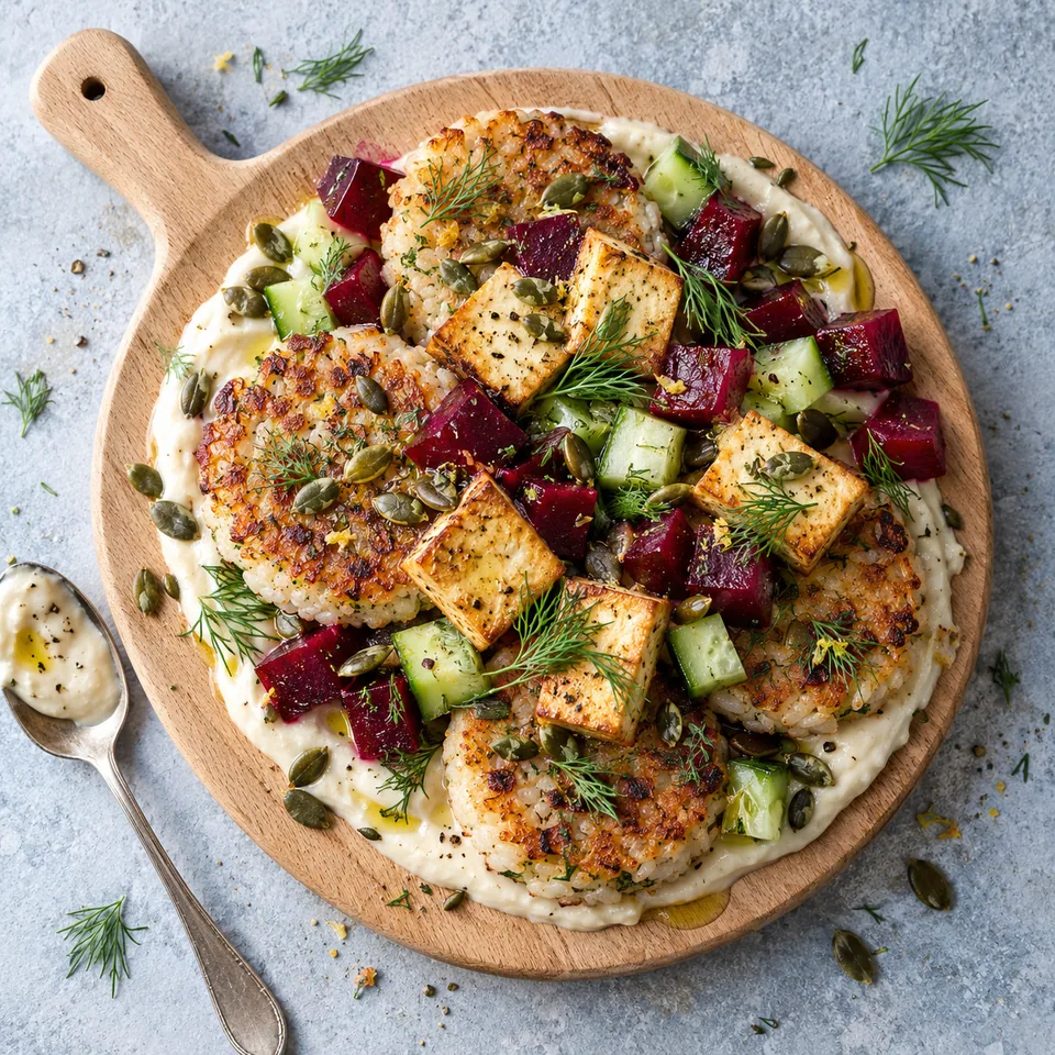 Galettes de riz au tofu, betterave et aneth : galettes de riz garnies de haricots écrasés, tofu, betterave, concombre et graines de courge sur une planche en bois.