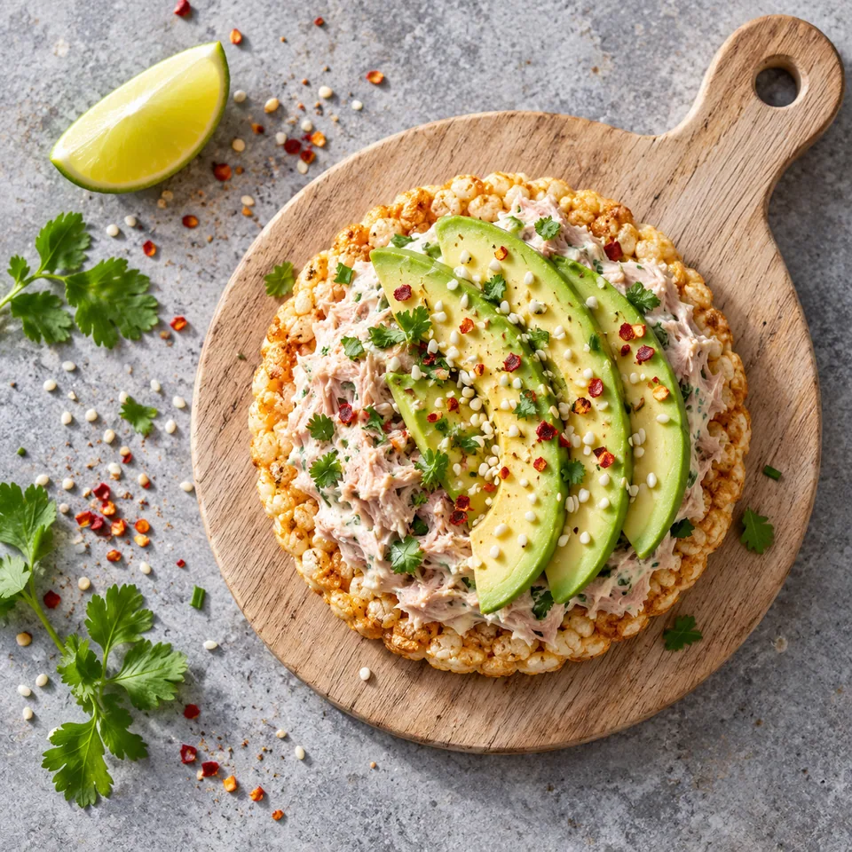 Galettes de riz soufflé au thon, avocat et sésame sur planche en bois