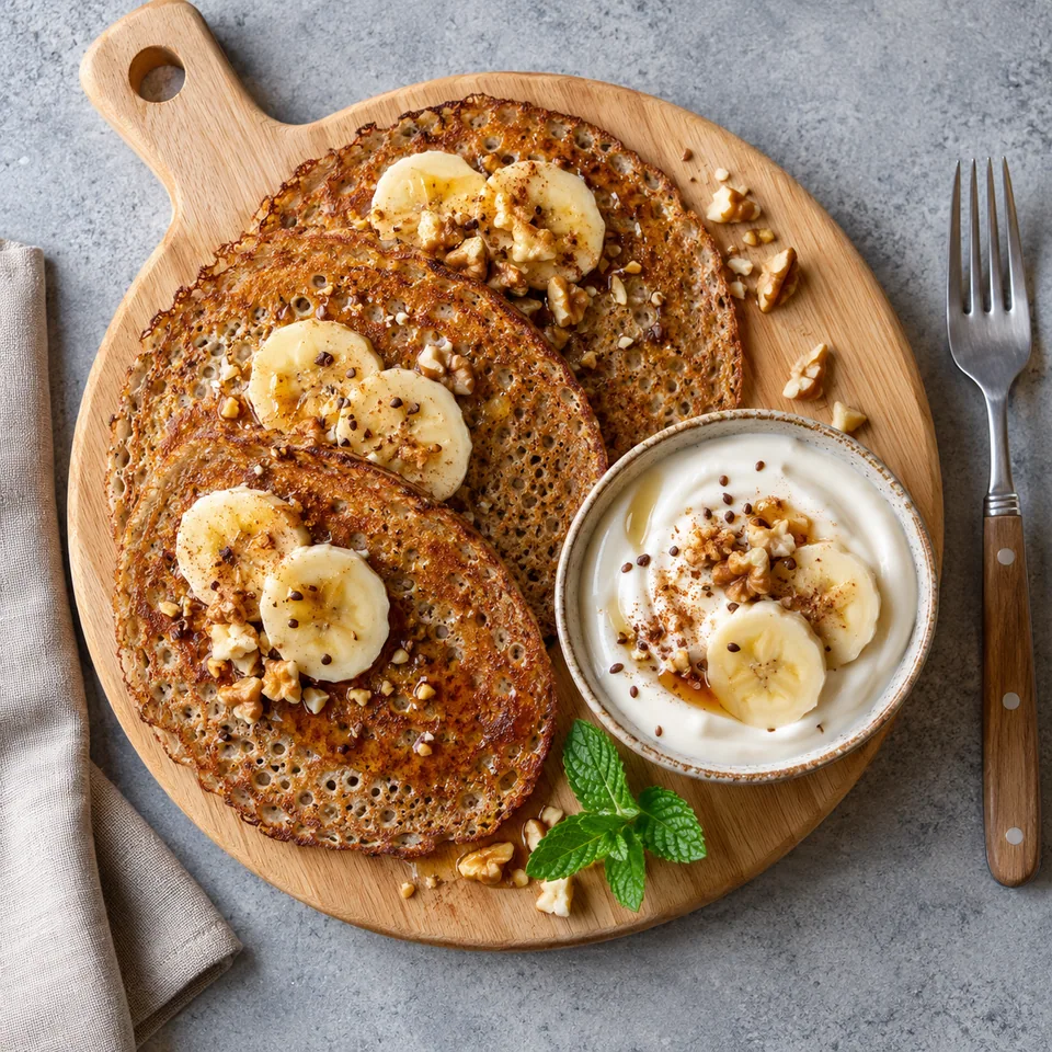 Galettes de sarrasin à la banane servies sur planche en bois avec yaourt de soja