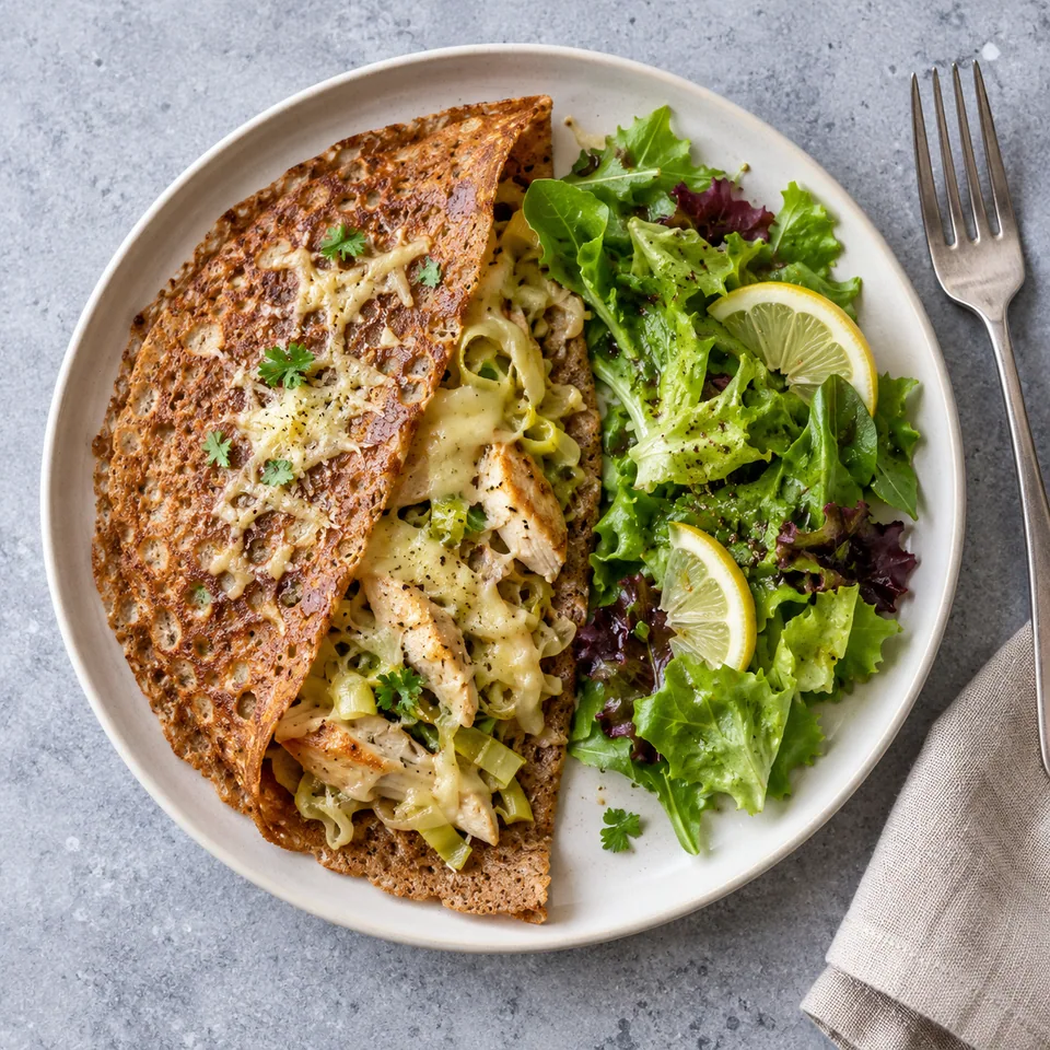 Galettes de sarrasin au poulet, poireaux et comté servies avec salade verte sur assiette blanche.