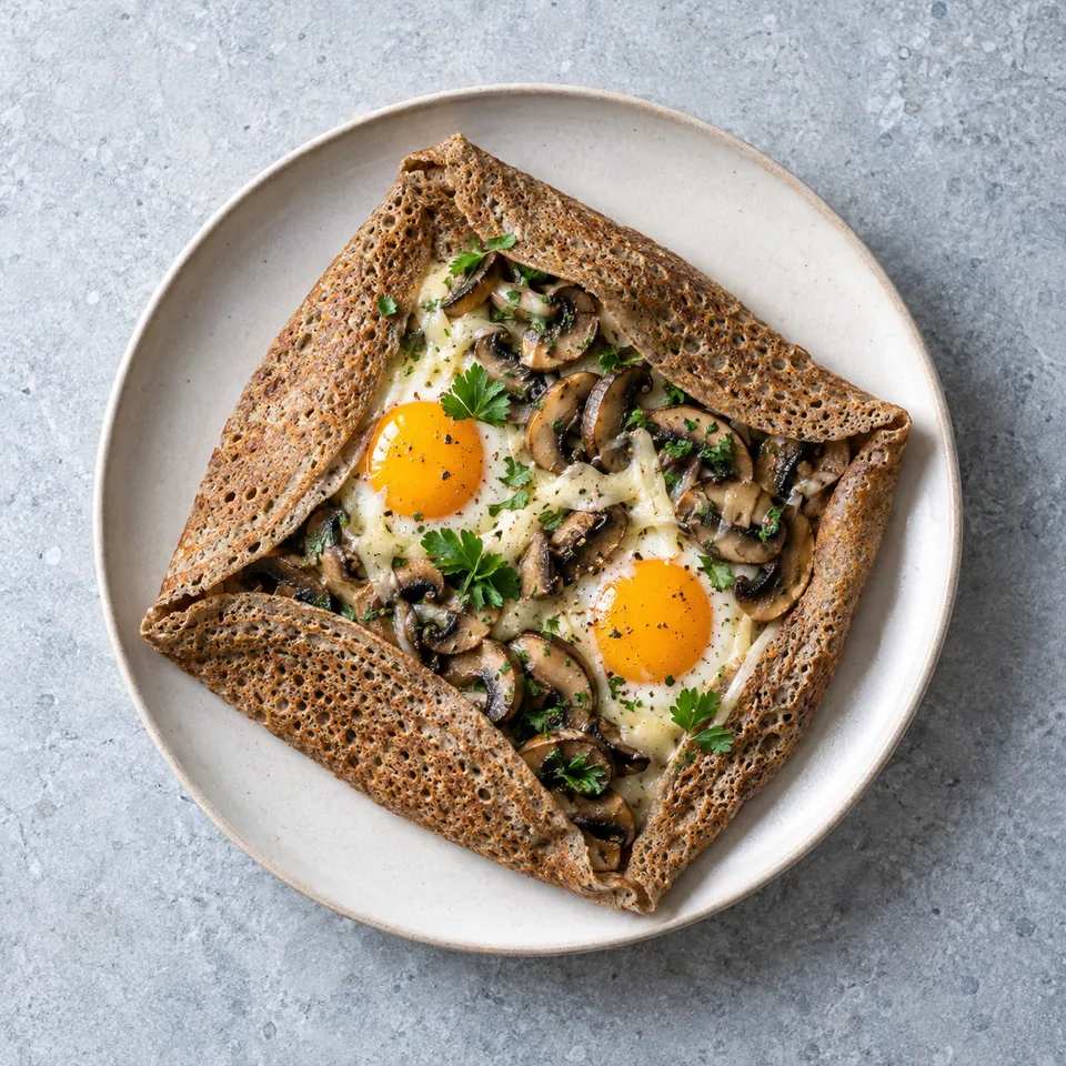 Galette de sarrasin pliée, garnie de champignons bruns au persil, de fromage fondu et de deux œufs cuits.