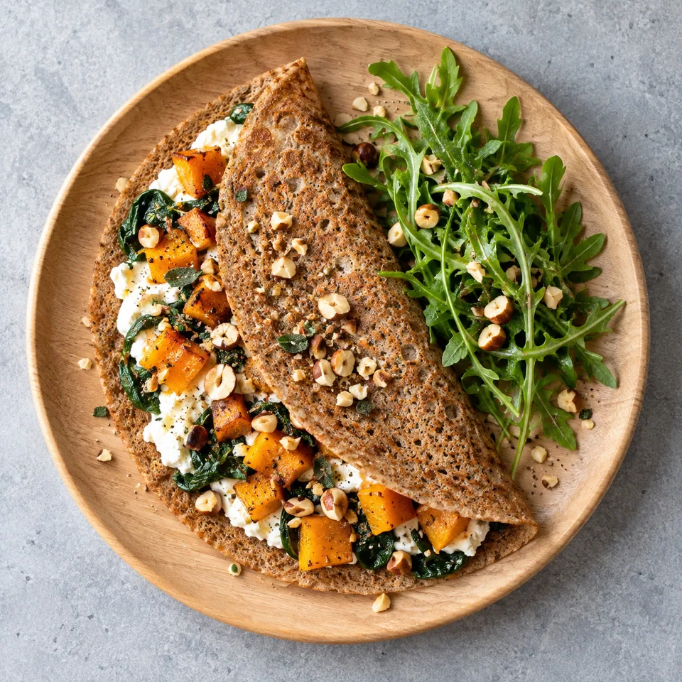 Galettes de sarrasin, courge et ricotta sur planche en bois : galette dorée garnie de ricotta, épinards, courge rôtie et noisettes, servie avec roquette.