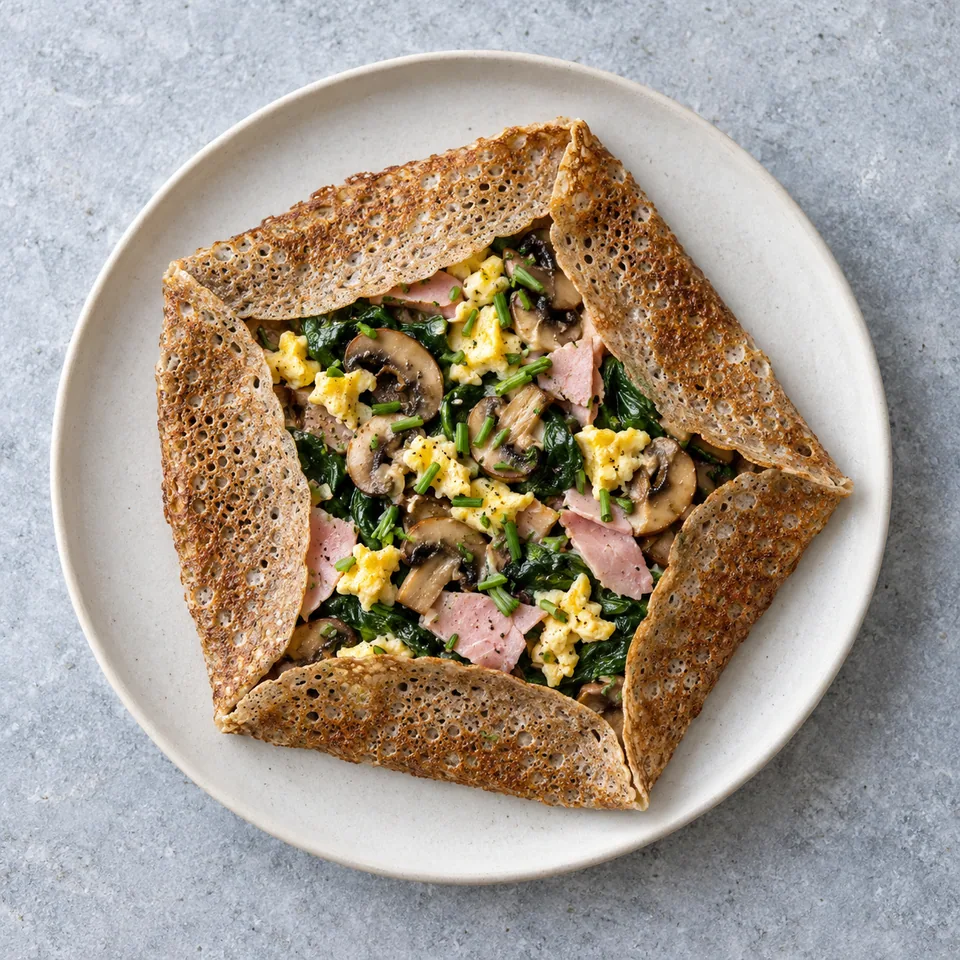 Galettes de sarrasin jambon-champignons : une galette aux bords repliés, garnie d’épinards, de jambon et d’œufs brouillés.