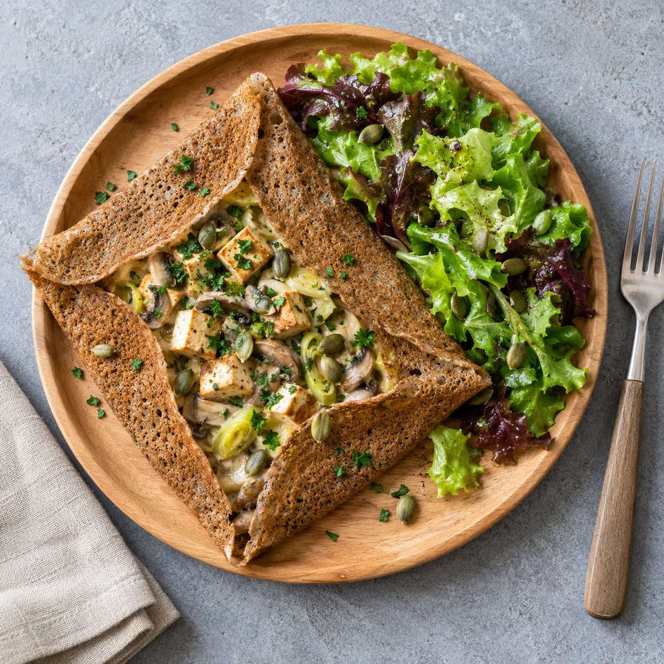 Galettes de sarrasin, poireaux et tofu fumé servies sur une planche en bois avec salade.