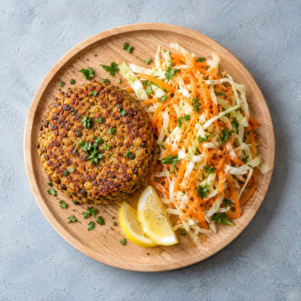 Galettes de tofu et lentilles dorées servies avec salade croquante de chou et carottes sur planche en bois
