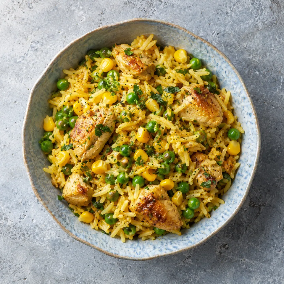 Bol de galinhada : riz doré au poulet, petits pois et maïs, garni d'herbes fraîches.