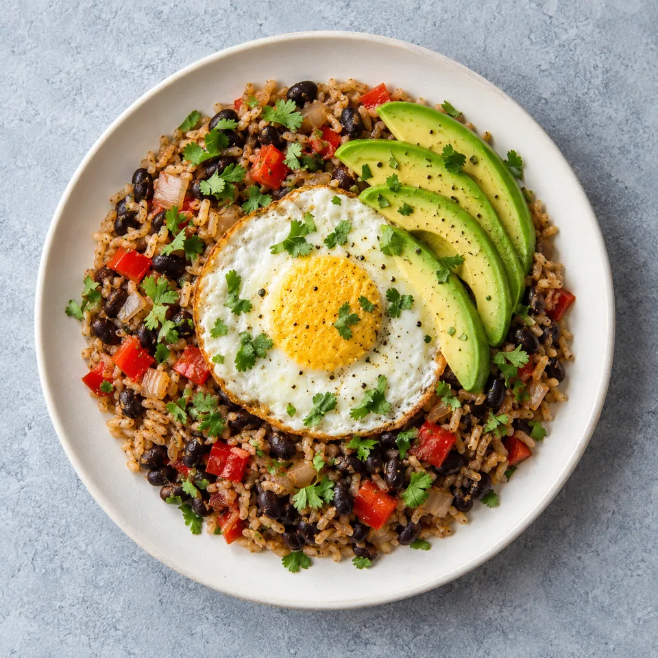 Assiette de gallo pinto aux haricots noirs, riz, œuf au plat bien cuit, avocat et coriandre sur fond blanc cassé.