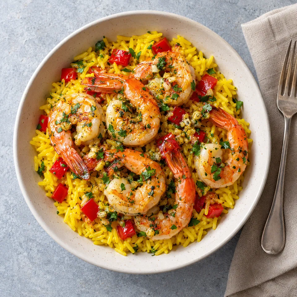 Bol blanc cassé contenant riz safrané, dés de poivron rouge, gambas roses nappées et persil frais.