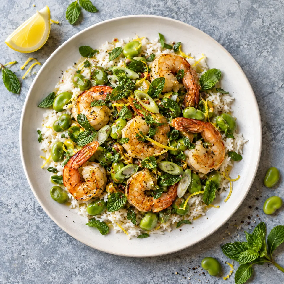 Assiette de riz aux gambas sautées, fèves vertes et menthe fraîche sur fond blanc cassé.