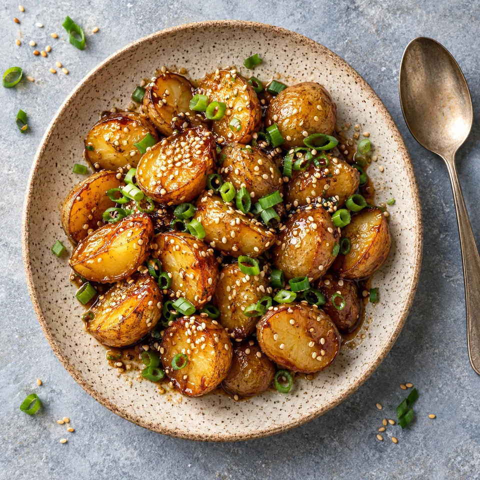 Gamja jorim : demi-pommes de terre braisées brillantes, sésame et ciboule sur assiette beige.
