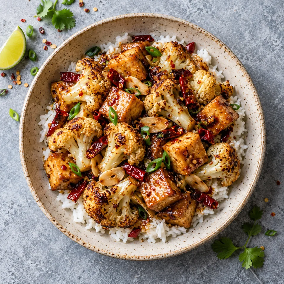 Gan guo de chou-fleur au tofu : riz dans une assiette beige, topped avec tofu doré et chou-fleur sauté.