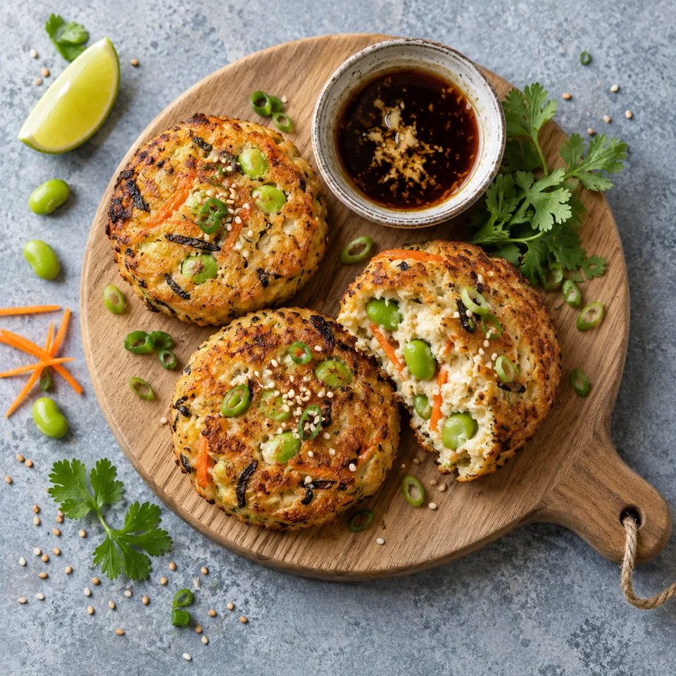 Ganmodoki, galettes japonaises de tofu aux légumes dorées sur planche en bois avec sauce soja.