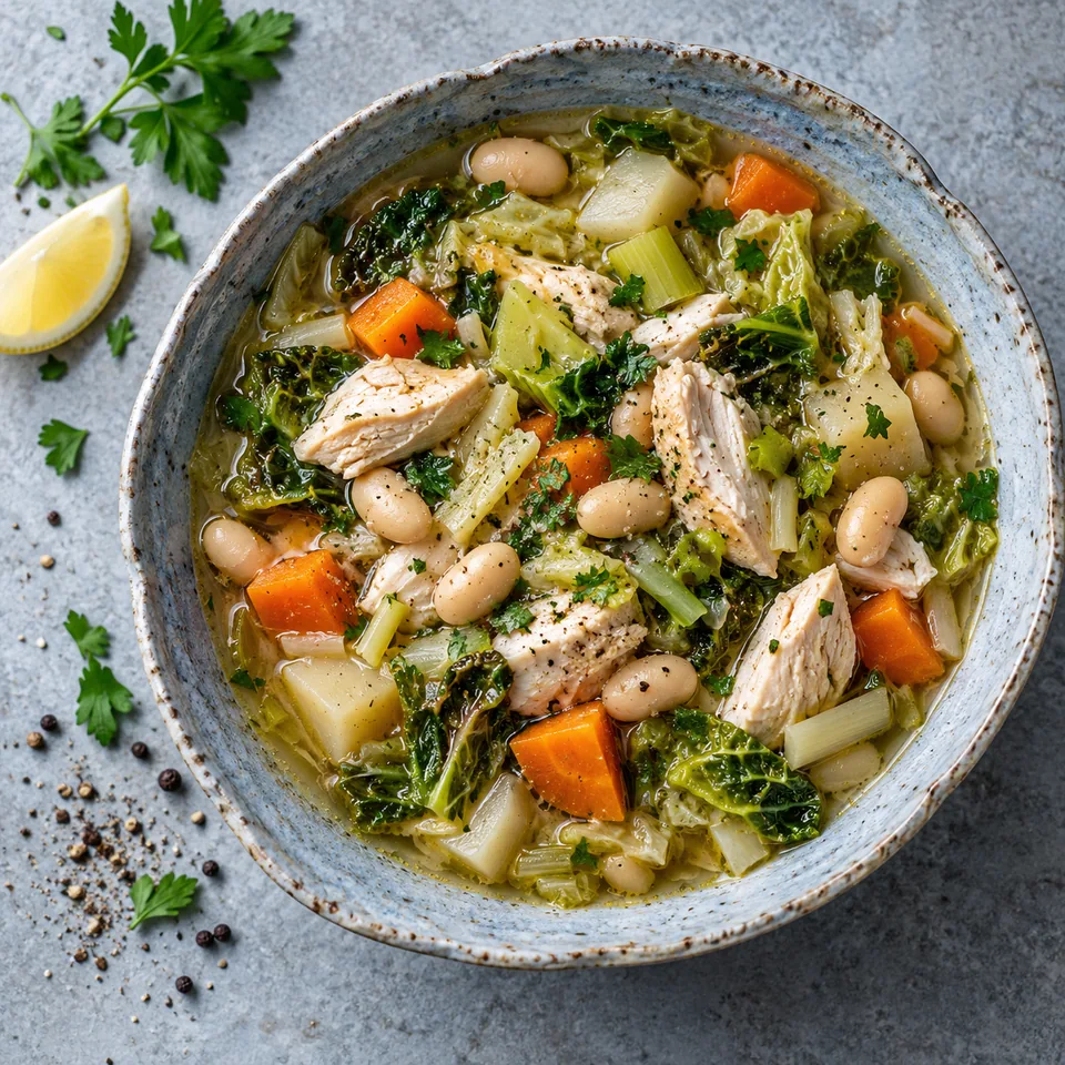 Portion de Garbure au chou, haricots blancs et poulet dans un bol en grès, vue de dessus.