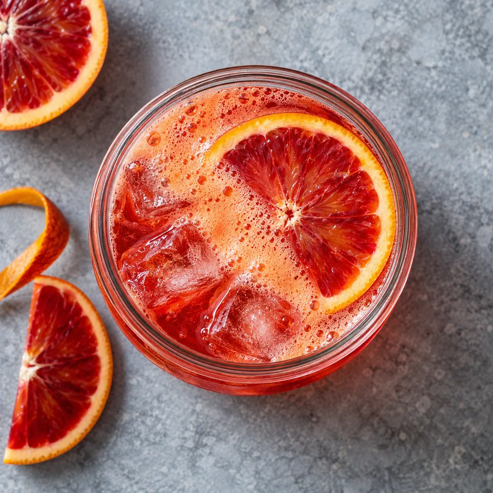 Garibaldi à l’orange sanguine mousseuse dans un bocal en verre, glaçons, mousse orange et rondelle d'orange.