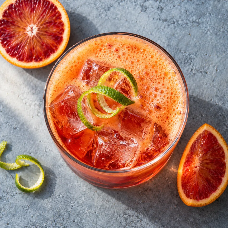 Garibaldi sans alcool à l’orange sanguine mousseuse dans un grand verre droit transparent, avec glaçons et zeste de pamplemousse.