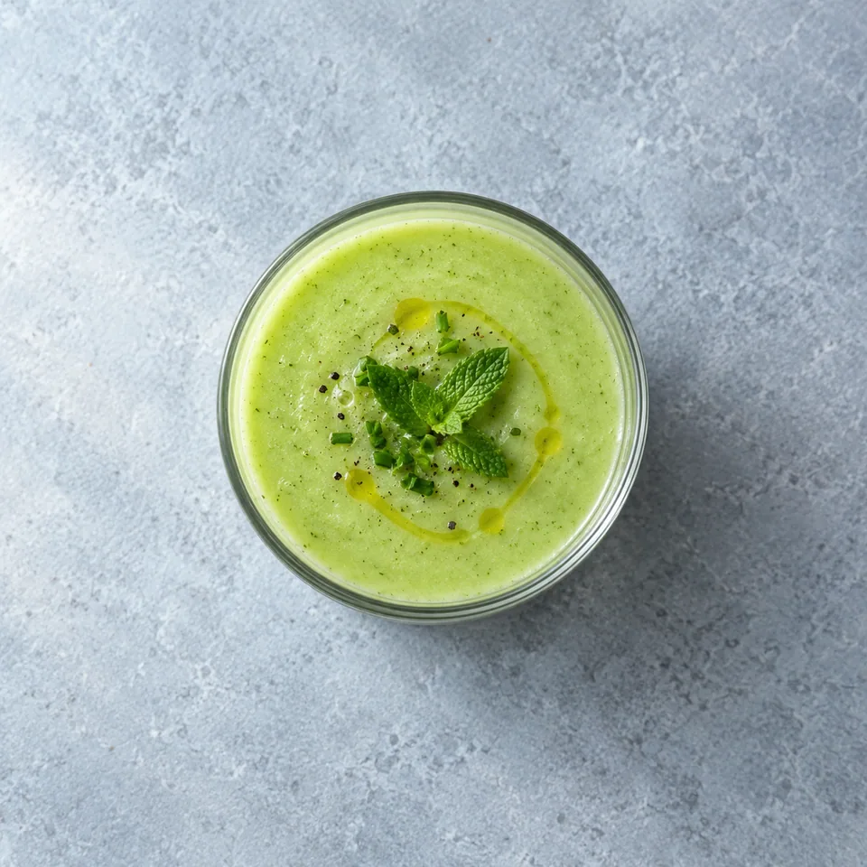Gaspacho d’été vert clair et lisse dans une verrine transparente, servi frais.