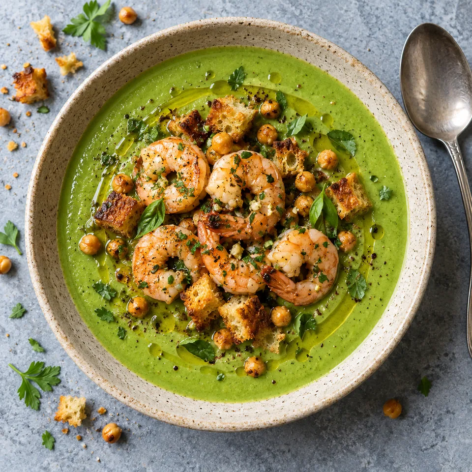 Assiette de gaspacho vert crémeux garnie de crevettes roses, croûtons dorés et pois chiches rôtis.