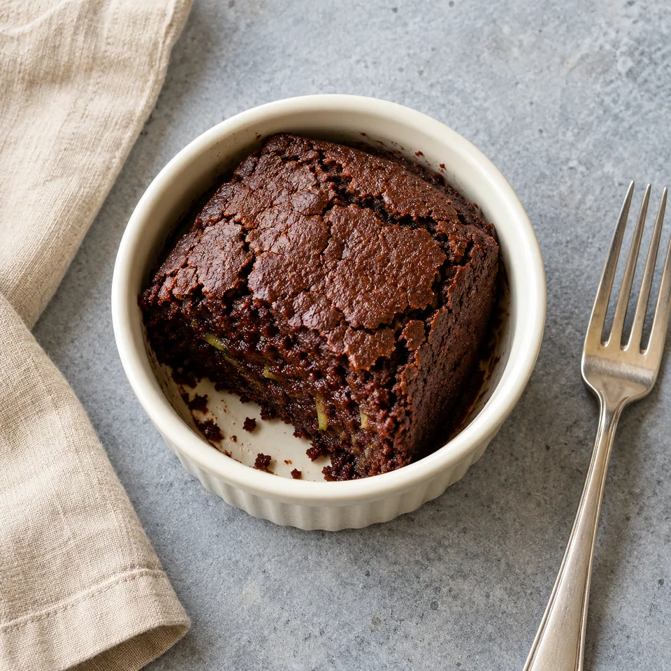 Part de gâteau au chocolat à la courgette dans un ramequin blanc cassé, surface brune et fondante.