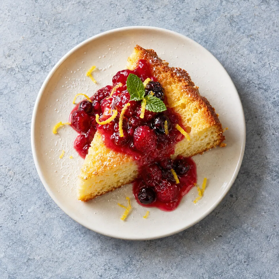 Part de gâteau de Savoie au citron sur assiette blanche, nappée de compote rouge brillante.