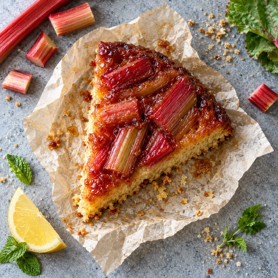 Gâteau renversé à la rhubarbe : part sur papier cuisson froissé, rhubarbe rouge caramélisée et pâte dorée.