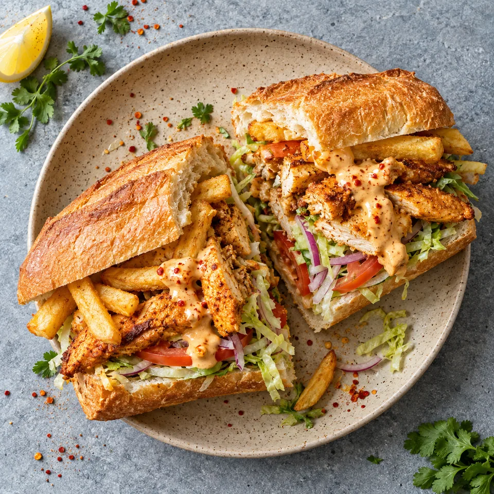 Gatsby du Cap au poulet épicé : demi-baguette garnie de poulet doré, frites croustillantes et légumes frais, nappée de sauce.
